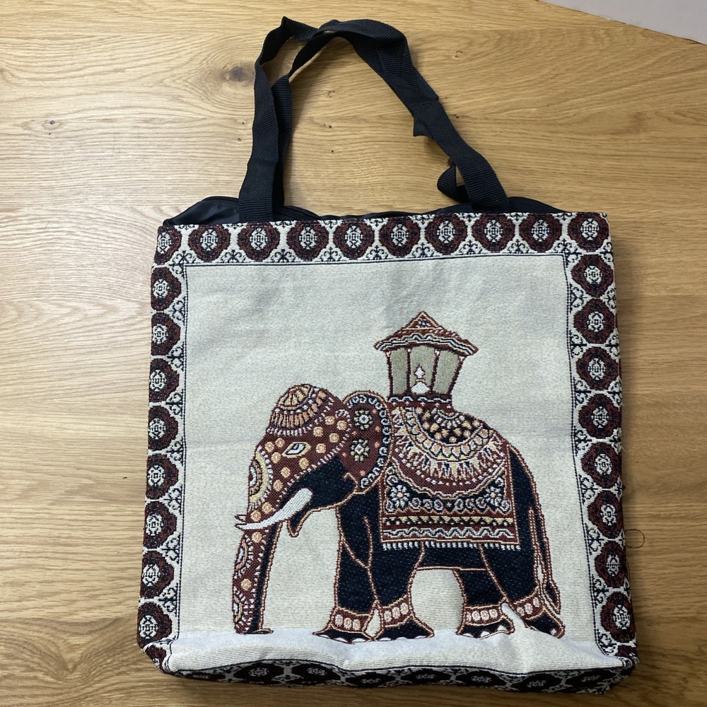 Elephant Tote Bag Woven Canvas Shoulder Shopping Purse with Full Zip Closure